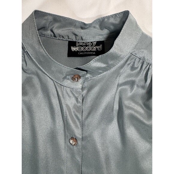 Vintage Sage Satin Blouse M L Band Collar 90s Minimalist Balletcore Silk Feel - Picture 4 of 5